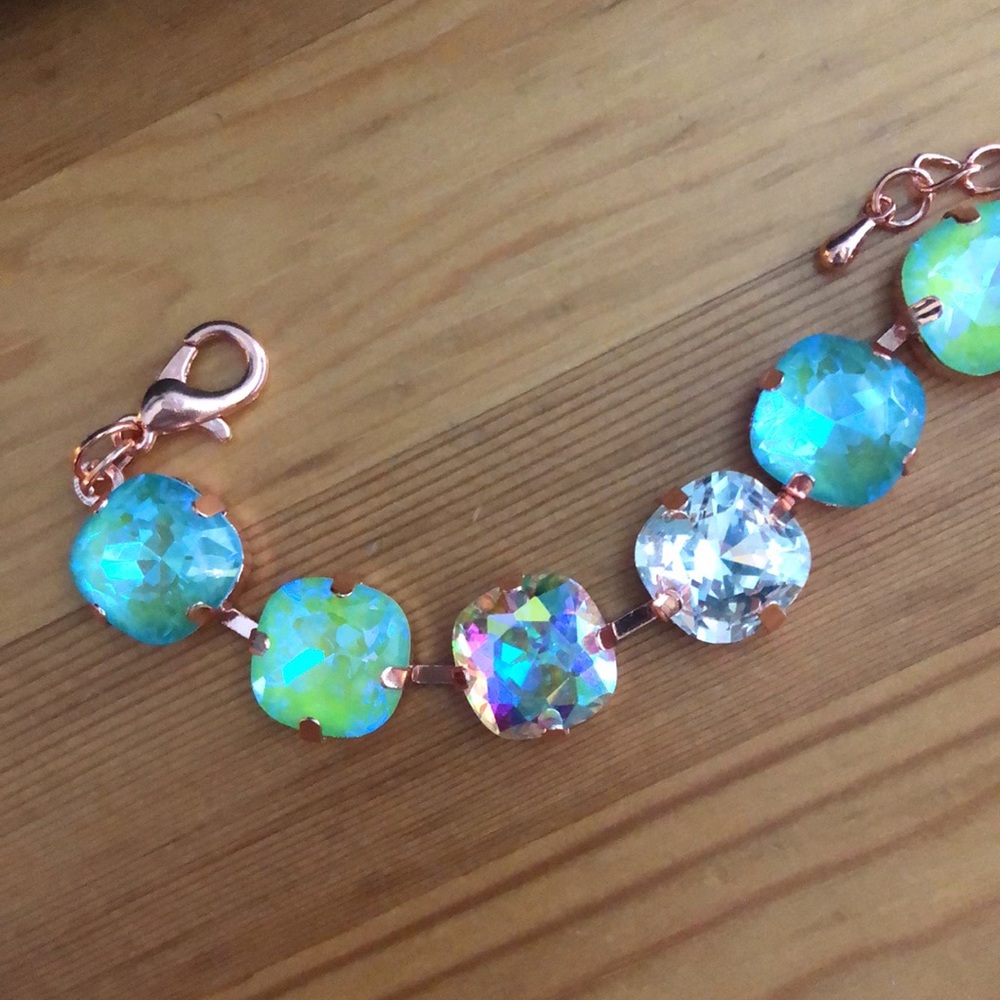 Aquamarine + Peridot AB Cushion Rose Gold Crystal Tennis Bracelet - Picture 4 of 11